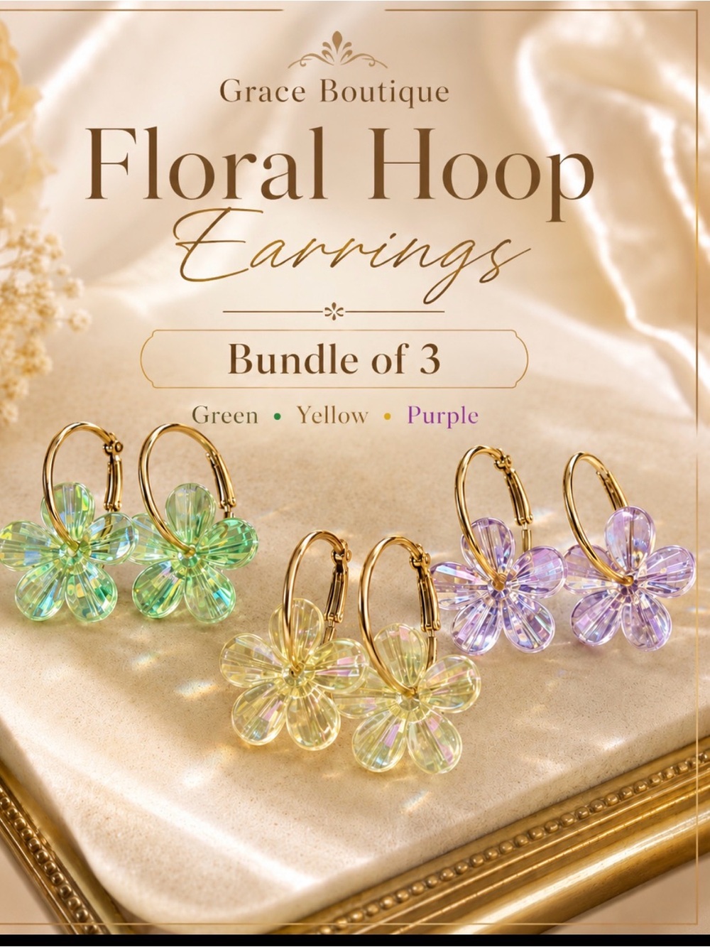 Grace Floral Hoop Earrings Set — Green, Yellow, Purple